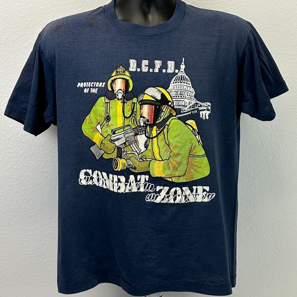 Vintage DCFD Washington DC Fire Department T Shirt Mens M Medium Blue 80s Tee - Picture 2 of 11